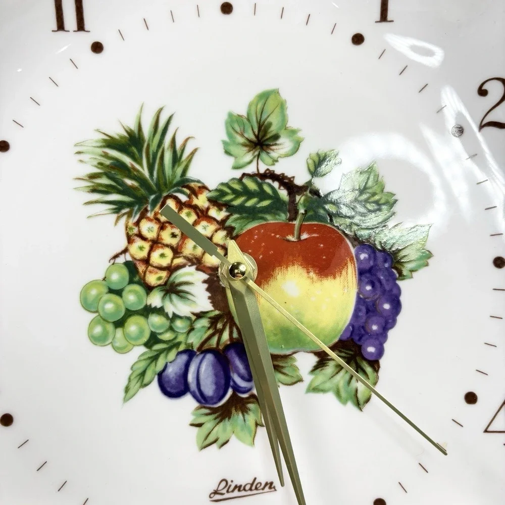 Vintage Linden brand Ceramic wall clock with a fruit motif Round 10.5